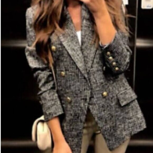 ZARA BLOGGERS FAVORITE DOUBLE BREASTED HOUNDSTOOTH BLAZER SIZE S - Picture 1 of 8